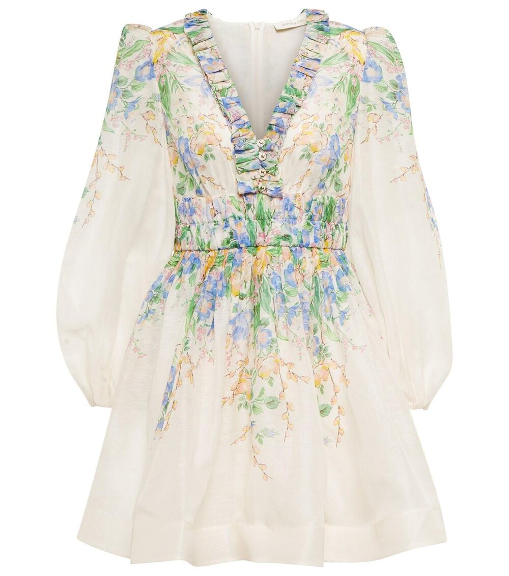 Zimmermann Garden Floral Linen Patchwork Belted Dress - 2 Pink